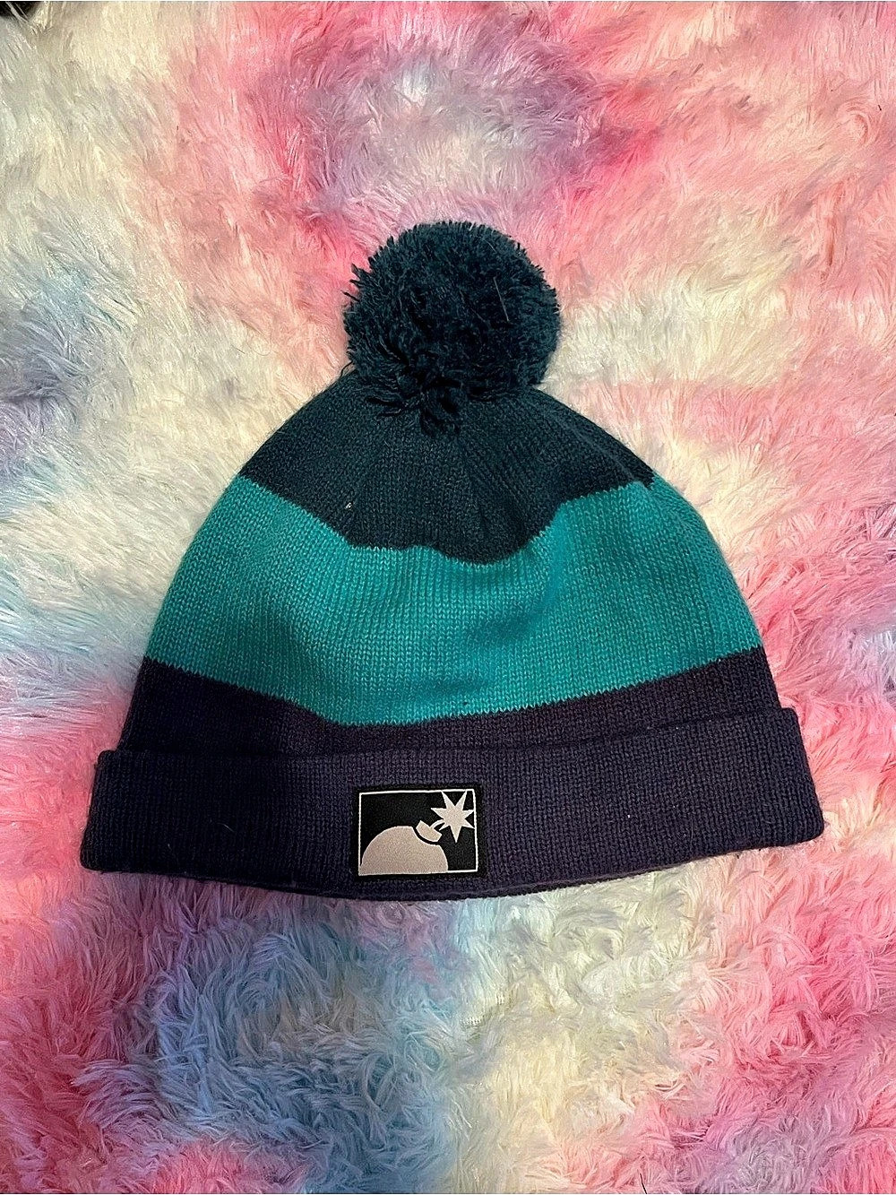 The Hundreds Color Block Pom Beanie in Blue & Purple
